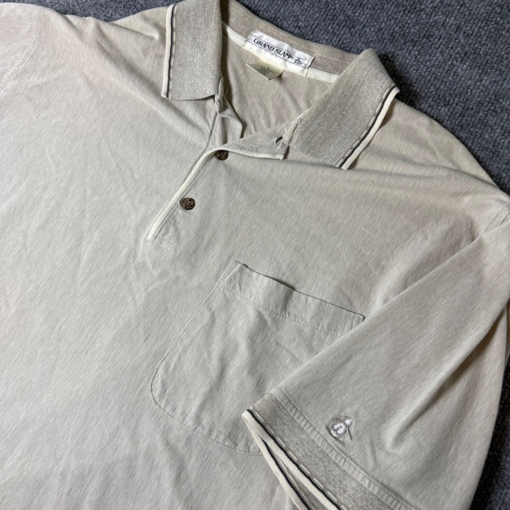 Vintage Grand Slam Penguin Polo Shirt Mens L Beige Short Sleeve Golf Casual